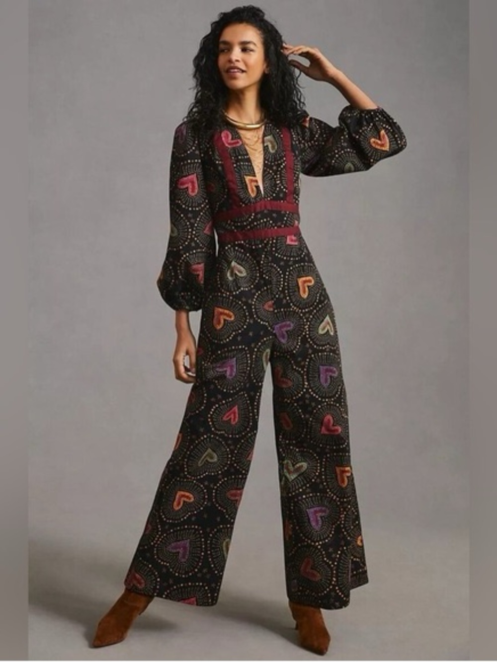Anthropologie Black Jumpsuit with Multicolor Heart Motif